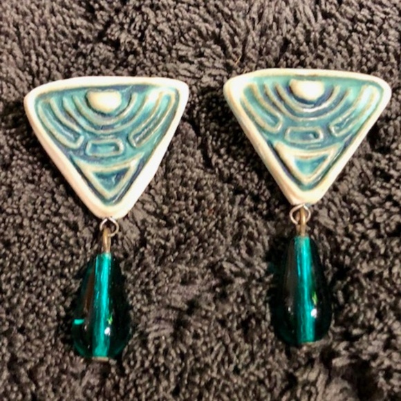 Jewelry - Ceramic & Teal Glass Dangle Earrings